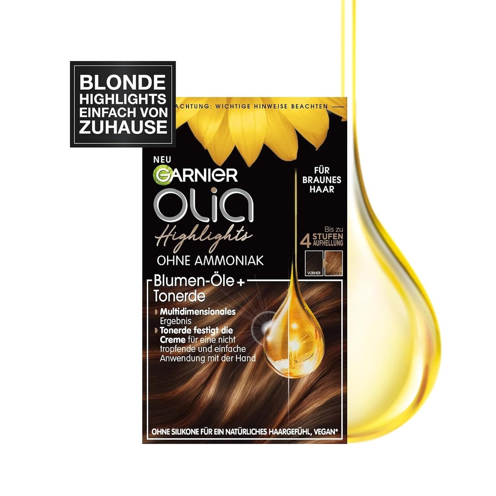 image:imageGarnier Haarfarbe Set fr Strhnchen und Highlights in blondem Haar Mit Bltenlen und Tonerde Ohne Ammoniak und Silikone Bis zu 4 Stufen Aufhellung Olia Blond224 g 1er Pack