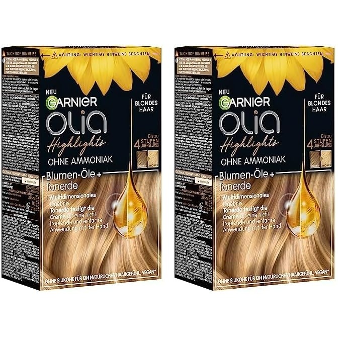 image:imageGarnier Haarfarbe Set fr Strhnchen und Highlights in blondem Haar Mit Bltenlen und Tonerde Ohne Ammoniak und Silikone Bis zu 4 Stufen Aufhellung Olia Blond1 Stck 2er Pack
