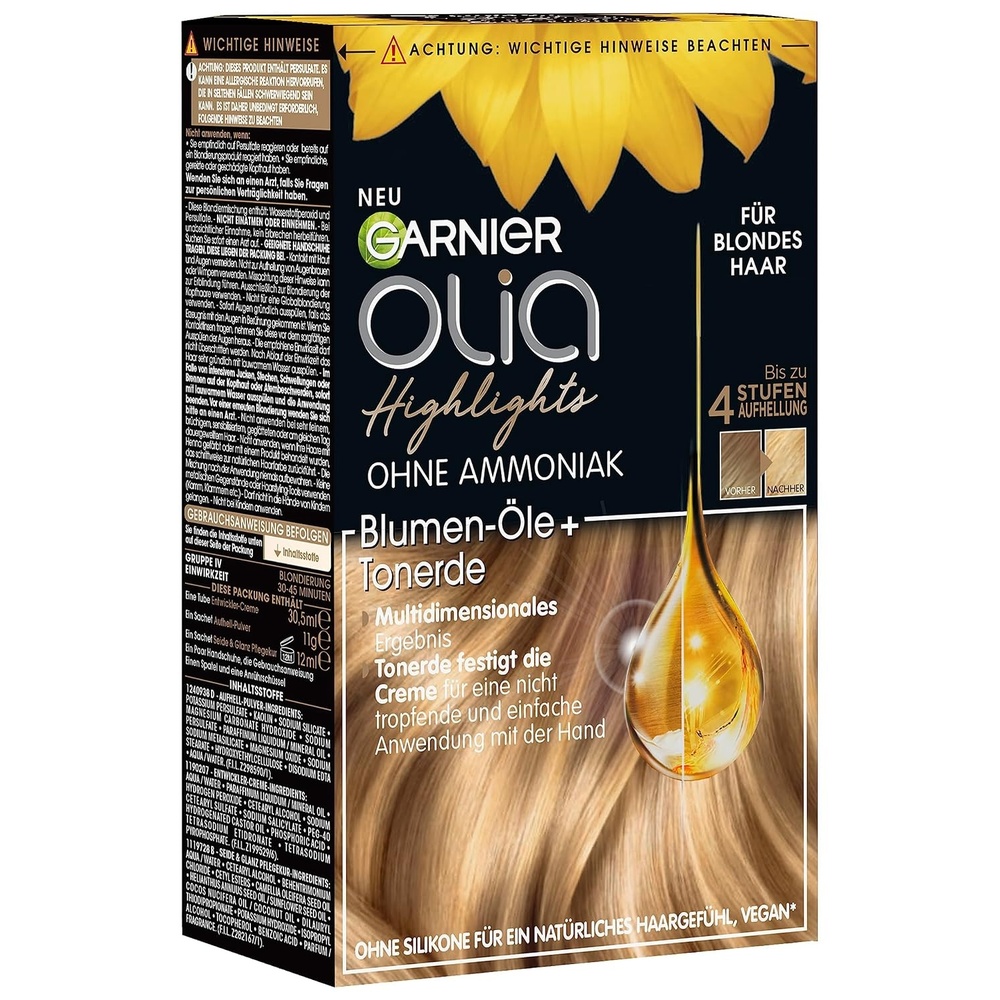 image:imageGarnier Haarfarbe Set fr Strhnchen und Highlights in blondem Haar Mit Bltenlen und Tonerde Ohne Ammoniak und Silikone Bis zu 4 Stufen Aufhellung Olia Blond1 Stck 1er Pack