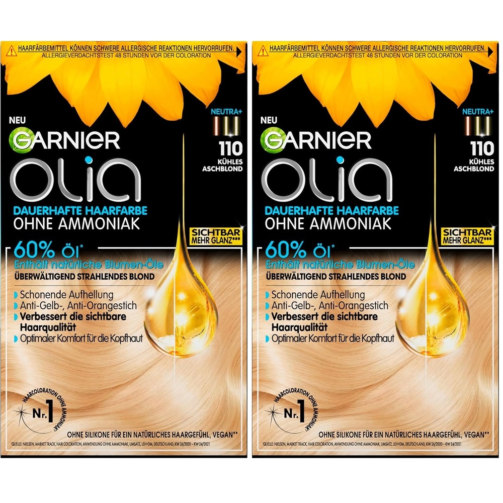 image:imageGarnier Olia 110 Khles Aschblond Dauerhafte Haarfarbe ohne Ammoniak mit pflegenden natrlichen len Vollstndige Grauhaarabdeckung Permanente Coloration 1 Stck110 Khles aschblond