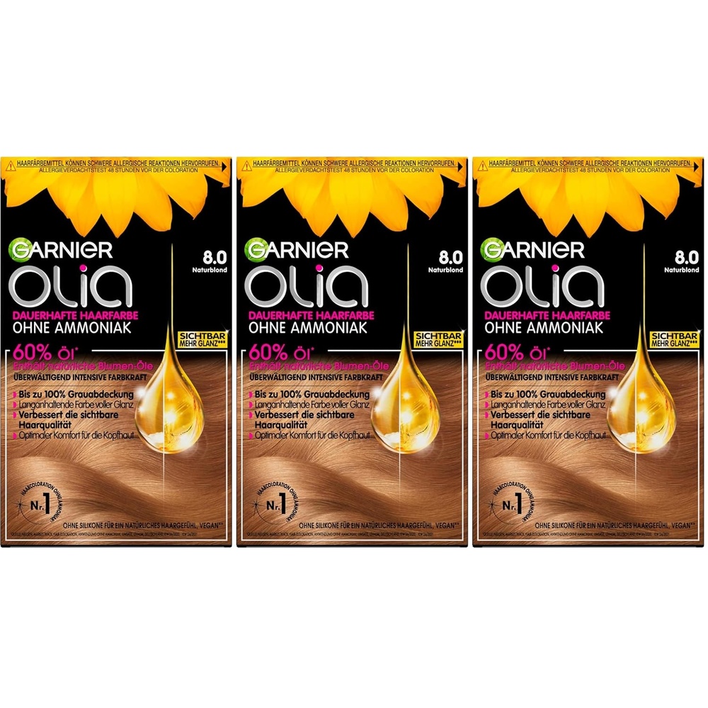 image:imageGarnier Olia 80 Blond Dauerhafte Haarfarbe ohne Ammoniak mit pflegenden natrlichen len Vollstndige Grauhaarabdeckung Permanente Coloration 1 Stck1 stck 3er Pack
