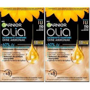 Garnier Olia 110 Kühles Aschblond Dauerhafte Haarfarbe ohne Ammoniak mit pflegenden, natürlichen Ölen, Vollständige Grauhaarabdeckung, Permanente Coloration, 1 Stück(110 Kühles aschblond)