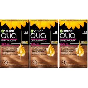 Garnier Olia 8.0 Blond Dauerhafte Haarfarbe ohne Ammoniak mit pflegenden, natürlichen Ölen, Vollständige Grauhaarabdeckung, Permanente Coloration, 1 Stück(1 stück (3er Pack))