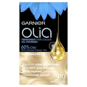 Garnier Olia Dauerhafte Haarfarbe ohne Ammoniak, Mit pflegenden und natürlichen Ölen, Vollständige Grauhaarabdeckung, Permanente Coloration, Nr. 9.11 Kühles Silber, 1 Stück(110 Super Hellblond)