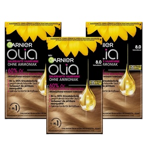 Garnier Olia Dauerhafte Haarfarbe ohne Ammoniak, Mit pflegenden und natürlichen Ölen, Vollständige Grauhaarabdeckung, Permanente Coloration, Nr. 9.11 Kühles Silber, 1 Stück(8.0 Naturblond)
