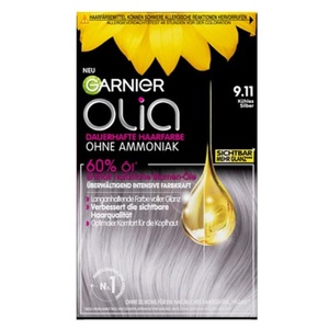Garnier Olia Dauerhafte Haarfarbe ohne Ammoniak, Mit pflegenden und natürlichen Ölen, Vollständige Grauhaarabdeckung, Permanente Coloration, Nr. 9.11 Kühles Silber, 1 Stück(9.11 Kühles Silber)