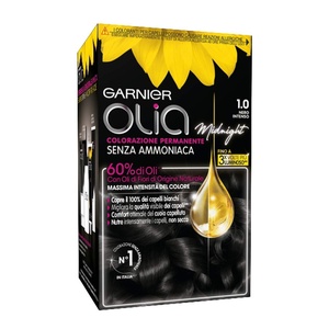Garnier Olia Dauerhafte Haarfarbe ohne Ammoniak, Mit pflegenden und natürlichen Ölen, Vollständige Grauhaarabdeckung, Permanente Coloration, Nr. 9.11 Kühles Silber, 1 Stück(1.0 Nero Intenso)