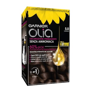 Garnier Olia Dauerhafte Haarfarbe ohne Ammoniak, Mit pflegenden und natürlichen Ölen, Vollständige Grauhaarabdeckung, Permanente Coloration, Nr. 9.11 Kühles Silber, 1 Stück(5.0 Castano)