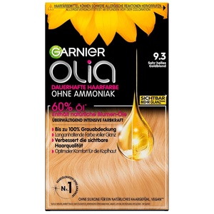 Garnier Olia Dauerhafte Haarfarbe ohne Ammoniak, Mit pflegenden und natürlichen Ölen, Vollständige Grauhaarabdeckung, Permanente Coloration, Nr. 9.11 Kühles Silber, 1 Stück(9.3 Sehr helles Goldblond)