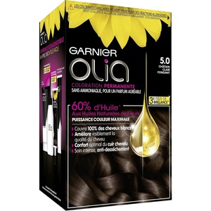 Garnier Olia Dauerhafte Haarfarbe ohne Ammoniak, Mit pflegenden und natürlichen Ölen, Vollständige Grauhaarabdeckung, Permanente Coloration, Nr. 9.11 Kühles Silber, 1 Stück(Châtain Clair Fondant)