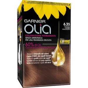 Garnier Olia Dauerhafte Haarfarbe ohne Ammoniak, Mit pflegenden und natürlichen Ölen, Vollständige Grauhaarabdeckung, Permanente Coloration, Nr. 9.11 Kühles Silber, 1 Stück(6.35 Castano Chiaro Cioccolato)
