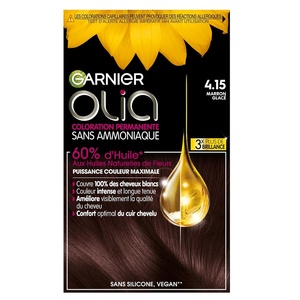 Garnier Olia Dauerhafte Haarfarbe ohne Ammoniak, Mit pflegenden und natürlichen Ölen, Vollständige Grauhaarabdeckung, Permanente Coloration, Nr. 9.11 Kühles Silber, 1 Stück(4.15 Braun)