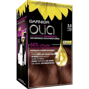 Garnier Olia Dauerhafte Haarfarbe ohne Ammoniak, Mit pflegenden und natürlichen Ölen, Vollständige Grauhaarabdeckung, Permanente Coloration, Nr. 9.11 Kühles Silber, 1 Stück(5 5 hellbraunes Mahagoni)