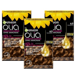 Garnier Olia Dauerhafte Haarfarbe ohne Ammoniak, Mit pflegenden und natürlichen Ölen, Vollständige Grauhaarabdeckung, Permanente Coloration, Nr. 9.11 Kühles Silber, 1 Stück(6.3 Karamellbraun)