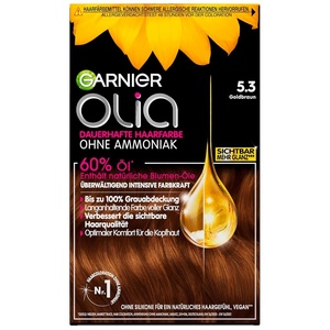 Garnier Olia Dauerhafte Haarfarbe ohne Ammoniak, Mit pflegenden und natürlichen Ölen, Vollständige Grauhaarabdeckung, Permanente Coloration, Nr. 9.11 Kühles Silber, 1 Stück(5.3 Goldbraun)