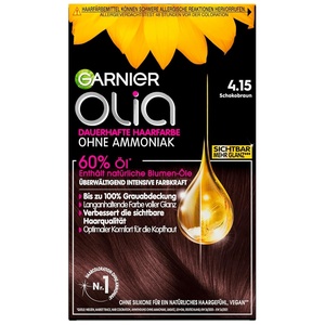 Garnier Olia Dauerhafte Haarfarbe ohne Ammoniak, Mit pflegenden und natürlichen Ölen, Vollständige Grauhaarabdeckung, Permanente Coloration, Nr. 9.11 Kühles Silber, 1 Stück(4.15 Schokobraun)