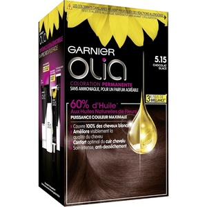 Garnier Olia Dauerhafte Haarfarbe ohne Ammoniak, Mit pflegenden und natürlichen Ölen, Vollständige Grauhaarabdeckung, Permanente Coloration, Nr. 9.11 Kühles Silber, 1 Stück(5.15 eisiges Schokoladenbraun)