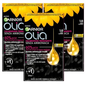 Garnier Olia Dauerhafte Haarfarbe ohne Ammoniak, Mit pflegenden und natürlichen Ölen, Vollständige Grauhaarabdeckung, Permanente Coloration, Nr. 9.11 Kühles Silber, 1 Stück(1.0 Intensives Schwarz)