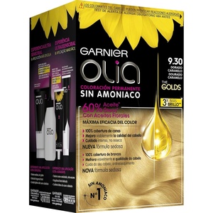 Garnier Olia Dauerhafte Haarfarbe ohne Ammoniak, Mit pflegenden und natürlichen Ölen, Vollständige Grauhaarabdeckung, Permanente Coloration, Nr. 9.11 Kühles Silber, 1 Stück(Golden Caramel 9.30)
