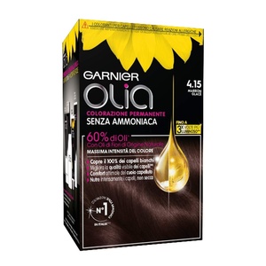 Garnier Olia Dauerhafte Haarfarbe ohne Ammoniak, Mit pflegenden und natürlichen Ölen, Vollständige Grauhaarabdeckung, Permanente Coloration, Nr. 9.11 Kühles Silber, 1 Stück(Marron Glacé (4 15))
