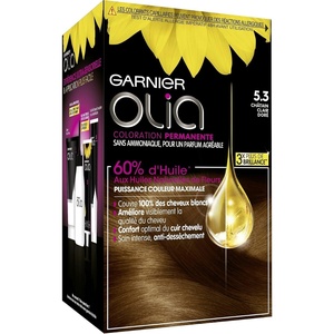 Garnier Olia Dauerhafte Haarfarbe ohne Ammoniak, Mit pflegenden und natürlichen Ölen, Vollständige Grauhaarabdeckung, Permanente Coloration, Nr. 9.11 Kühles Silber, 1 Stück(5.3 Hellbraun  golden)