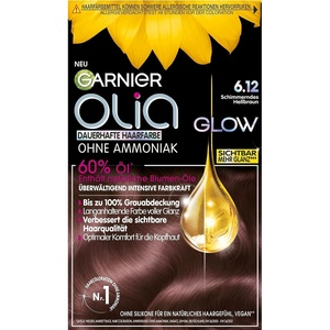 Garnier Olia Dauerhafte Haarfarbe ohne Ammoniak, Mit pflegenden und natürlichen Ölen, Vollständige Grauhaarabdeckung, Permanente Coloration, Nr. 9.11 Kühles Silber, 1 Stück(6.12 Schimmerndes Hellbraun)
