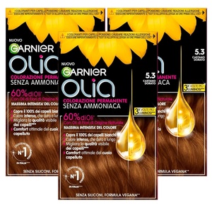 Garnier Olia Dauerhafte Haarfarbe ohne Ammoniak, Mit pflegenden und natürlichen Ölen, Vollständige Grauhaarabdeckung, Permanente Coloration, Nr. 9.11 Kühles Silber, 1 Stück(5 3 Goldbraun)