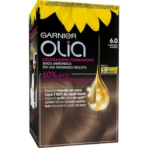 Garnier Olia Dauerhafte Haarfarbe ohne Ammoniak, Mit pflegenden und natürlichen Ölen, Vollständige Grauhaarabdeckung, Permanente Coloration, Nr. 9.11 Kühles Silber, 1 Stück(6.0 Castano Chiaro)