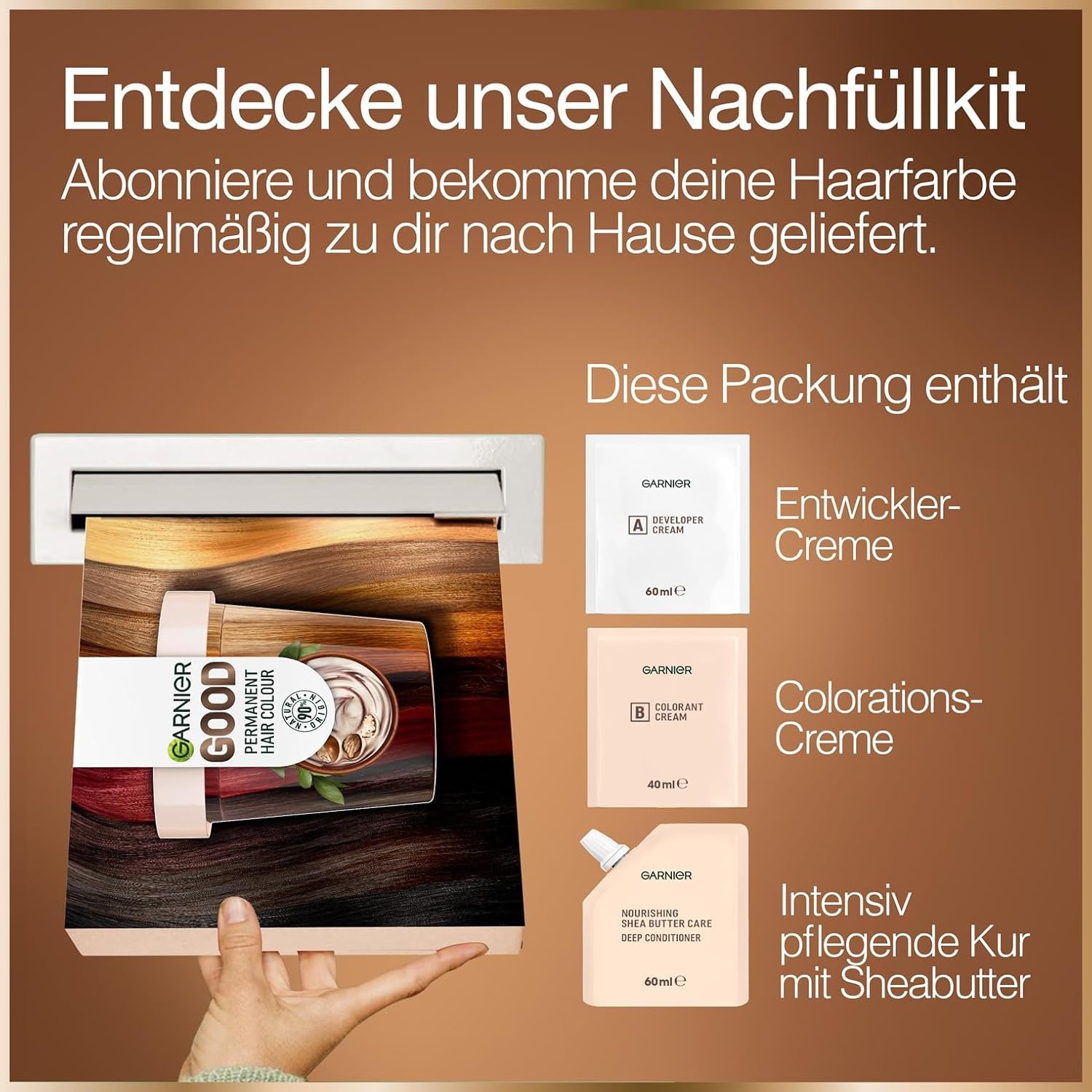 image:imageGarnier Dauerhafte Haarfarbe Haarfrbeset fr intensive und langanhaltende Haarfarbe Coloration fr bis zu 8 Wochen strahlende Farbe Ohne Ammoniak 415 Khles Kastanienbraun Good RefillKit40 Cacao Brown