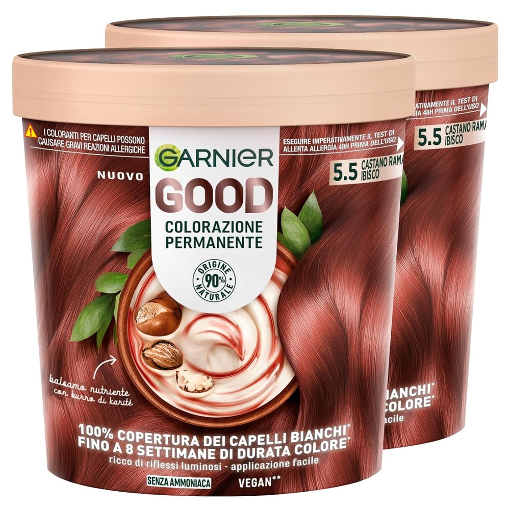 image:imageGarnier GOOD Dauerhafte Haarfarbe 60 Mochaccino Braun permanente Coloration ohne Ammoniak bis zu 100 Grauabdeckung bis 8 Wochen langanhaltende Farbe einfache Anwendung angenehmer Duft 1 Stk2 Packungen 55 Hibiskus Rotbraun