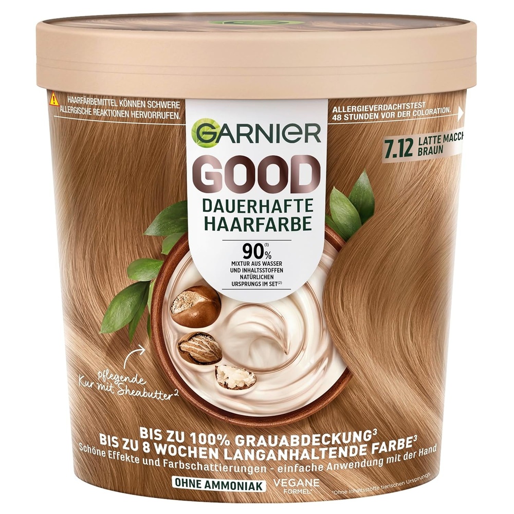 image:imageGarnier GOOD Dauerhafte Haarfarbe 60 Mochaccino Braun permanente Coloration ohne Ammoniak bis zu 100 Grauabdeckung bis 8 Wochen langanhaltende Farbe einfache Anwendung angenehmer Duft 1 Stk712 Latte Macchiato Braun