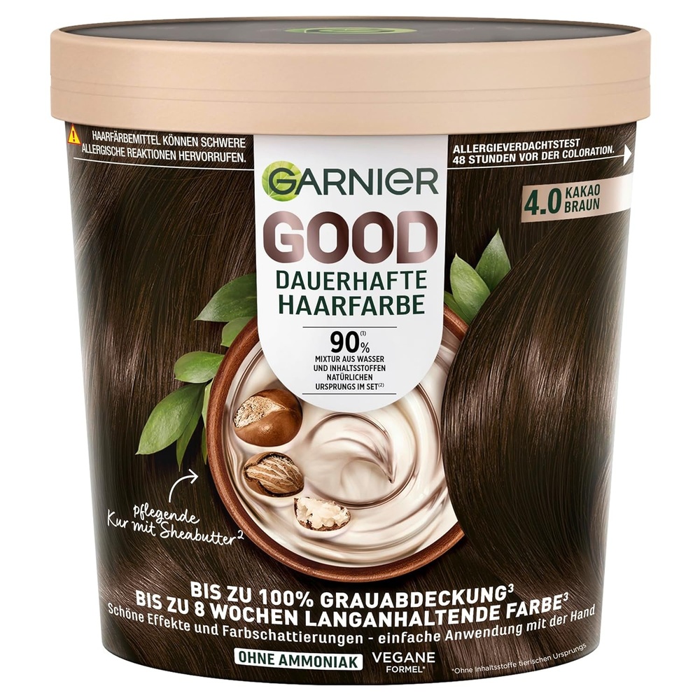image:imageGarnier GOOD Dauerhafte Haarfarbe 60 Mochaccino Braun permanente Coloration ohne Ammoniak bis zu 100 Grauabdeckung bis 8 Wochen langanhaltende Farbe einfache Anwendung angenehmer Duft 1 Stk40 Kakao Braun