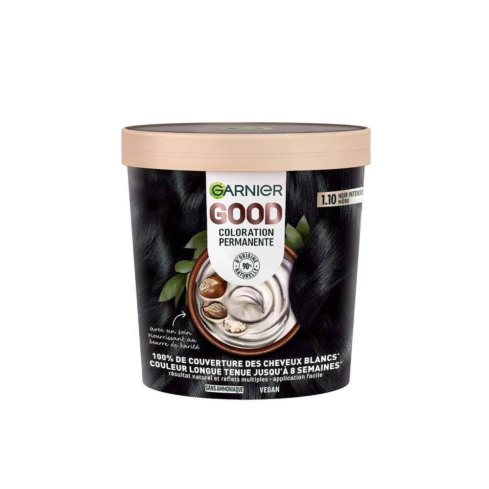 image:imageGarnier GOOD Dauerhafte Haarfarbe 60 Mochaccino Braun permanente Coloration ohne Ammoniak bis zu 100 Grauabdeckung bis 8 Wochen langanhaltende Farbe einfache Anwendung angenehmer Duft 1 StkIntensives Schwarz Brombeere 110