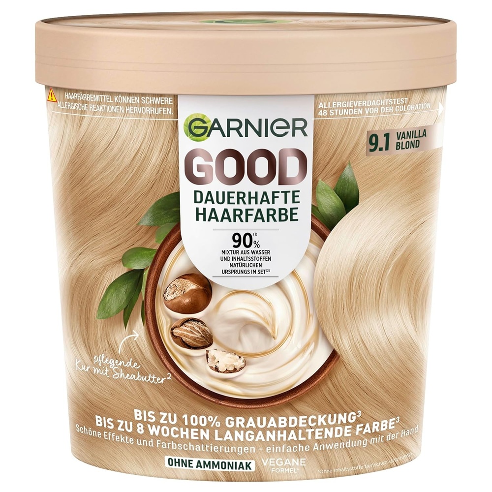 image:imageGarnier GOOD Dauerhafte Haarfarbe 60 Mochaccino Braun permanente Coloration ohne Ammoniak bis zu 100 Grauabdeckung bis 8 Wochen langanhaltende Farbe einfache Anwendung angenehmer Duft 1 Stk91 Vanilla Blond