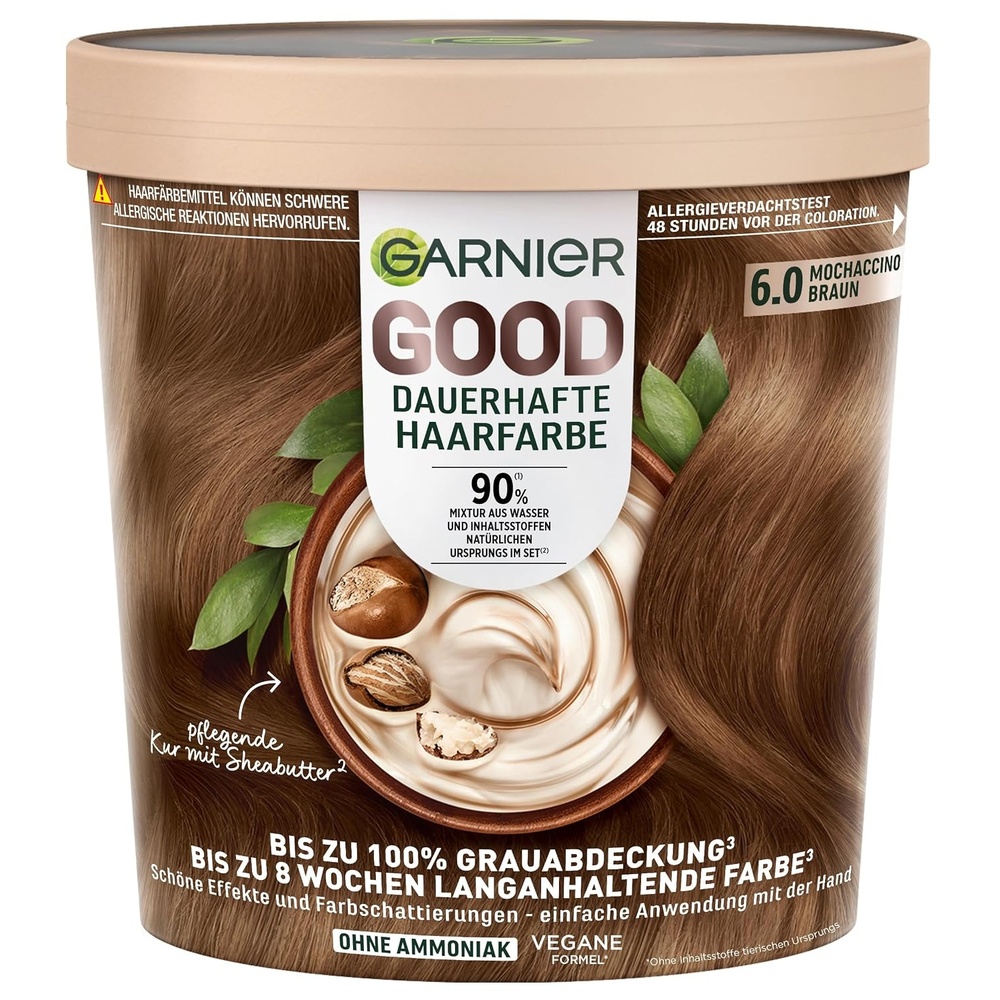 image:imageGarnier GOOD Dauerhafte Haarfarbe 60 Mochaccino Braun permanente Coloration ohne Ammoniak bis zu 100 Grauabdeckung bis 8 Wochen langanhaltende Farbe einfache Anwendung angenehmer Duft 1 Stk60 Mochaccino Braun