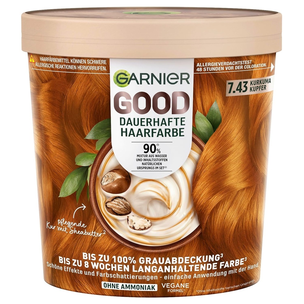 image:imageGarnier GOOD Dauerhafte Haarfarbe 60 Mochaccino Braun permanente Coloration ohne Ammoniak bis zu 100 Grauabdeckung bis 8 Wochen langanhaltende Farbe einfache Anwendung angenehmer Duft 1 Stk743 Kurkuma Kupfer