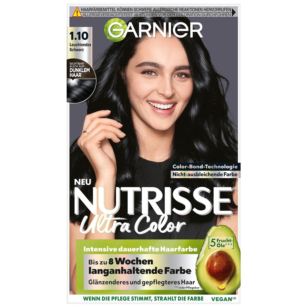 image:imageGarnier Nutrisse Dauerhafte PflegeHaarfarbe mit nhrenden Fruchtlen Coloration mit 8 Wochen Halt Ultra Crme Tnung 8N Nude Natrliches Blond110 Leuchtendes Schwarz