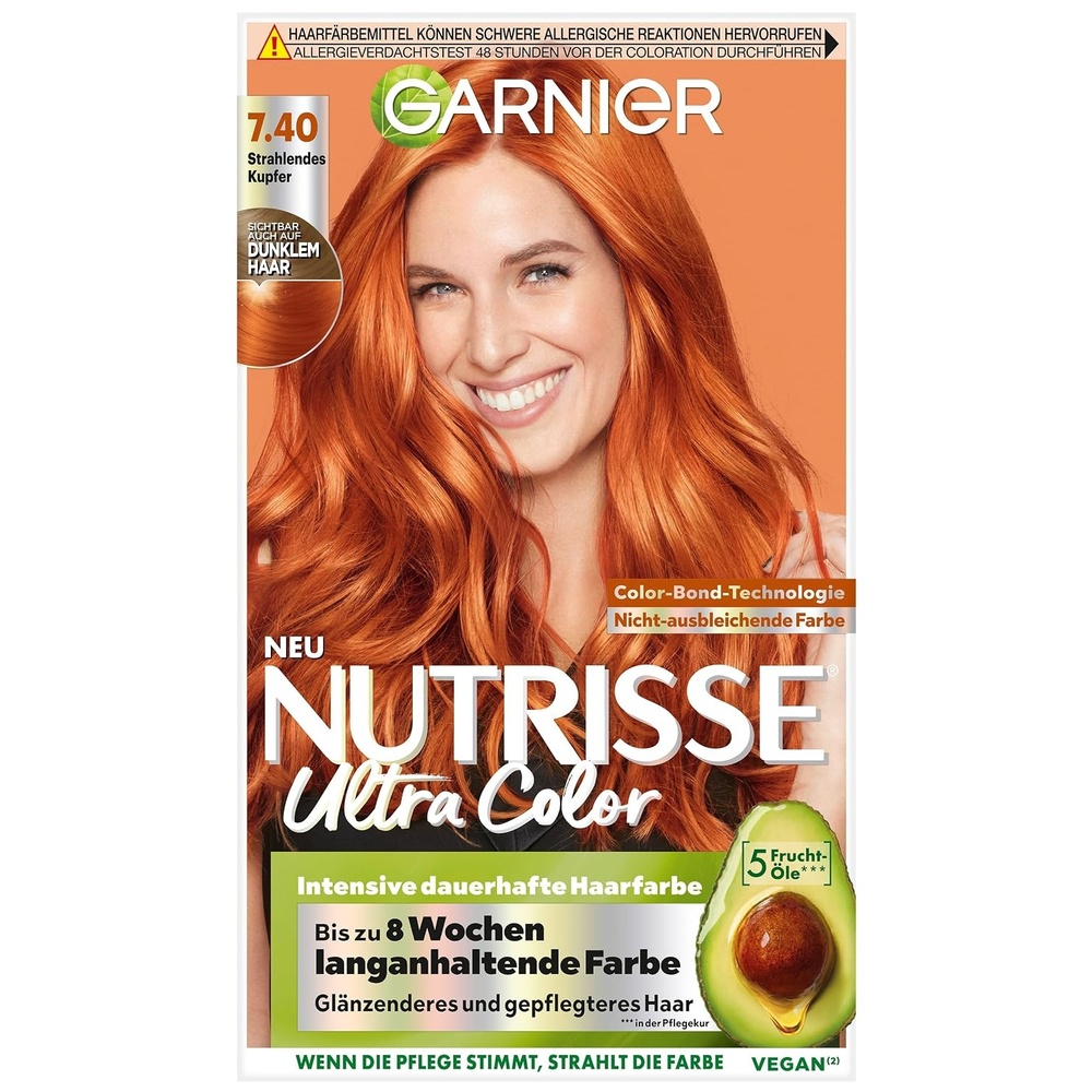 image:imageGarnier Nutrisse Dauerhafte PflegeHaarfarbe mit nhrenden Fruchtlen Coloration mit 8 Wochen Halt Ultra Crme Tnung 8N Nude Natrliches Blond740 Strahlendes Kupfer Rot
