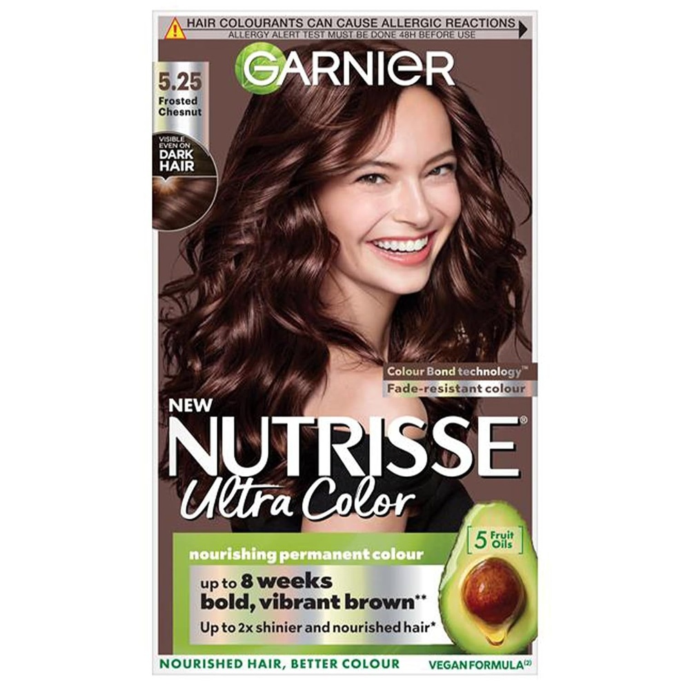 image:imageGarnier Nutrisse Dauerhafte PflegeHaarfarbe mit nhrenden Fruchtlen Coloration mit 8 Wochen Halt Ultra Crme Tnung 8N Nude Natrliches BlondNutrisse Frosted Chestnut Brown 525