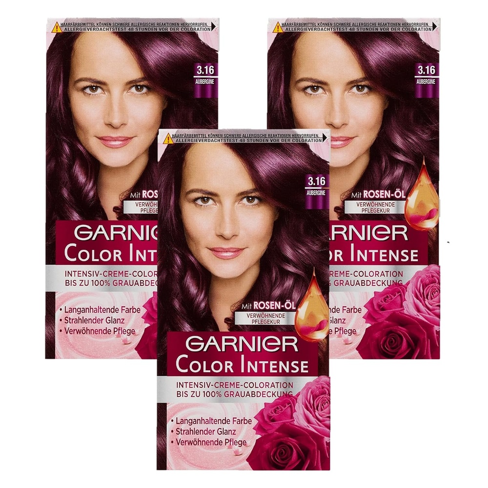 image:imageGarnier dauerhafte Cremecoloration dauerhafte Intensive Creme Coloration fr permanente Haarfarbe mit Perlmutt und Traubenkernl Color Intense 60 Dunkelblond 3er packAubergine