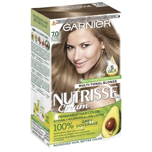 Garnier Nutrisse Creme Nr. 100 Extra Helles Naturblond, dauerhafte Pflege-Haarfarbe, mit nährenden Fruchtölen, 100% Grauabdeckung(7.0 Dark Blonde)