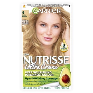 Garnier Nutrisse Creme Nr. 100 Extra Helles Naturblond, dauerhafte Pflege-Haarfarbe, mit nährenden Fruchtölen, 100% Grauabdeckung(9 Hellblond)