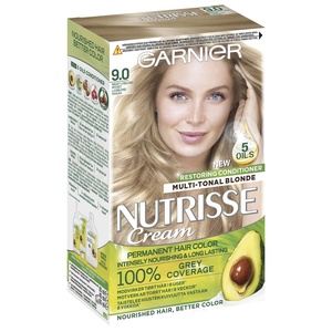 Garnier Nutrisse Creme Nr. 100 Extra Helles Naturblond, dauerhafte Pflege-Haarfarbe, mit nährenden Fruchtölen, 100% Grauabdeckung(9.0 Blonde Pepite)