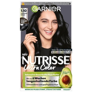Garnier Nutrisse Dauerhafte Pflege-Haarfarbe mit nährenden Fruchtölen, Coloration mit 8 Wochen Halt, Ultra Crème Tönung, 8N Nude Natürliches Blond(1.10 Leuchtendes Schwarz)