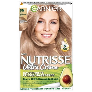 Garnier Nutrisse Dauerhafte Pflege-Haarfarbe mit nährenden Fruchtölen, Coloration mit 8 Wochen Halt, Ultra Crème Tönung, 8N Nude Natürliches Blond(8N Nude Natürliches Blond)