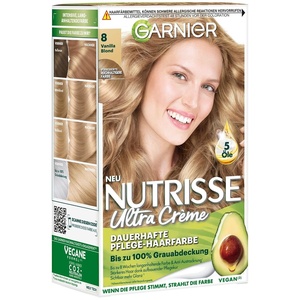 Garnier Nutrisse Dauerhafte Pflege-Haarfarbe mit nährenden Fruchtölen, Coloration mit 8 Wochen Halt, Ultra Crème Tönung, 8N Nude Natürliches Blond(Vanille Blond)